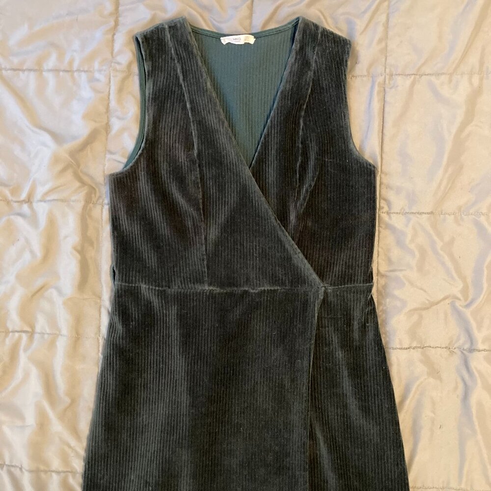 MANGO Forest Green Corduroy Sleeveless Dress with Deep V neckline and Slit Skirt